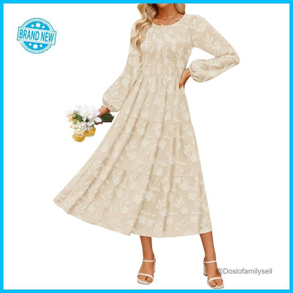 Boho Floral Midi Dress Long Sleeve Crewneck Flowy A-Line Wedding Guest